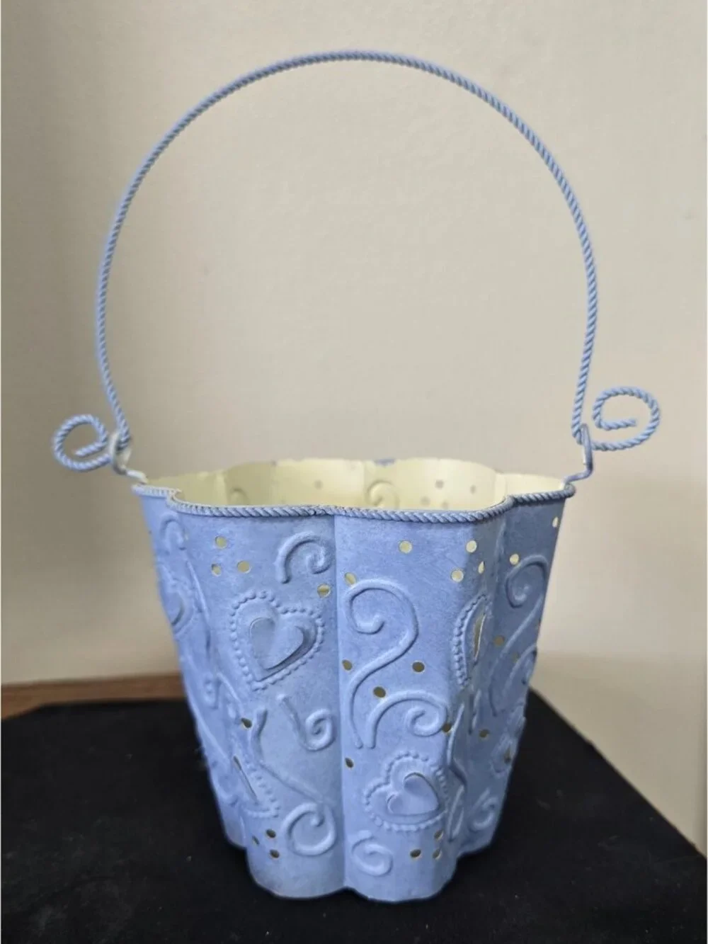 Decorative Blue Metal Heart Pattern Candle Holder With Handle - Shabby Chic Styl